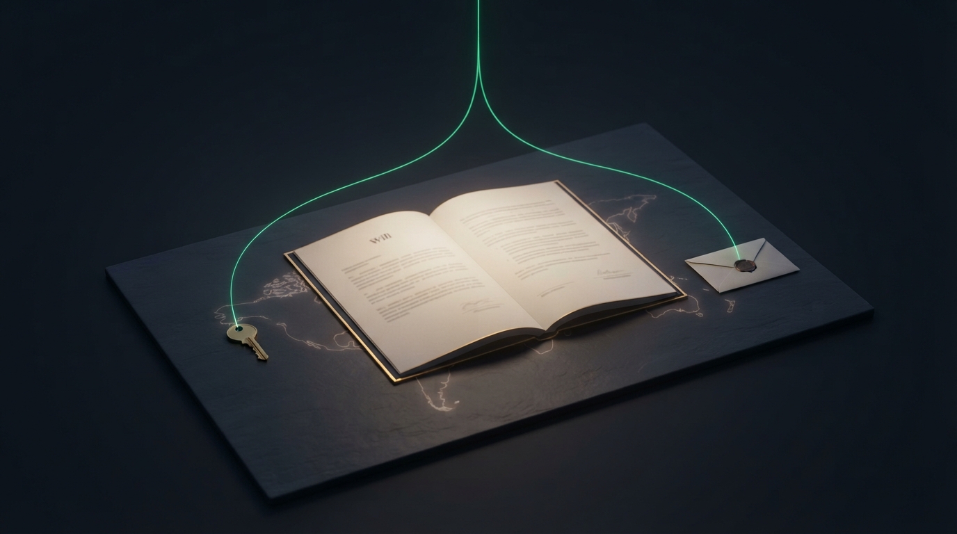 An open will document on a dark ink-navy surface, a thin emerald thread of light splitting into two branches toward a small brass house-key and a folded letter, a faint globe outline etched in light behind it, warm gold rim light along the document edge, no readable text, no people, no hands