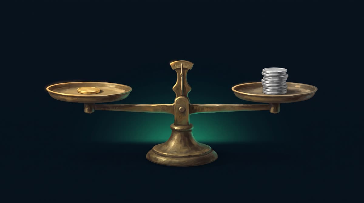 A hand-painted balance scale on dark ink-navy, one pan holding a small gold disc, the other a taller stack of silver discs, both pans level, a soft emerald glow under the beam and warm gold rim light, quiet and dignified, no text, no people