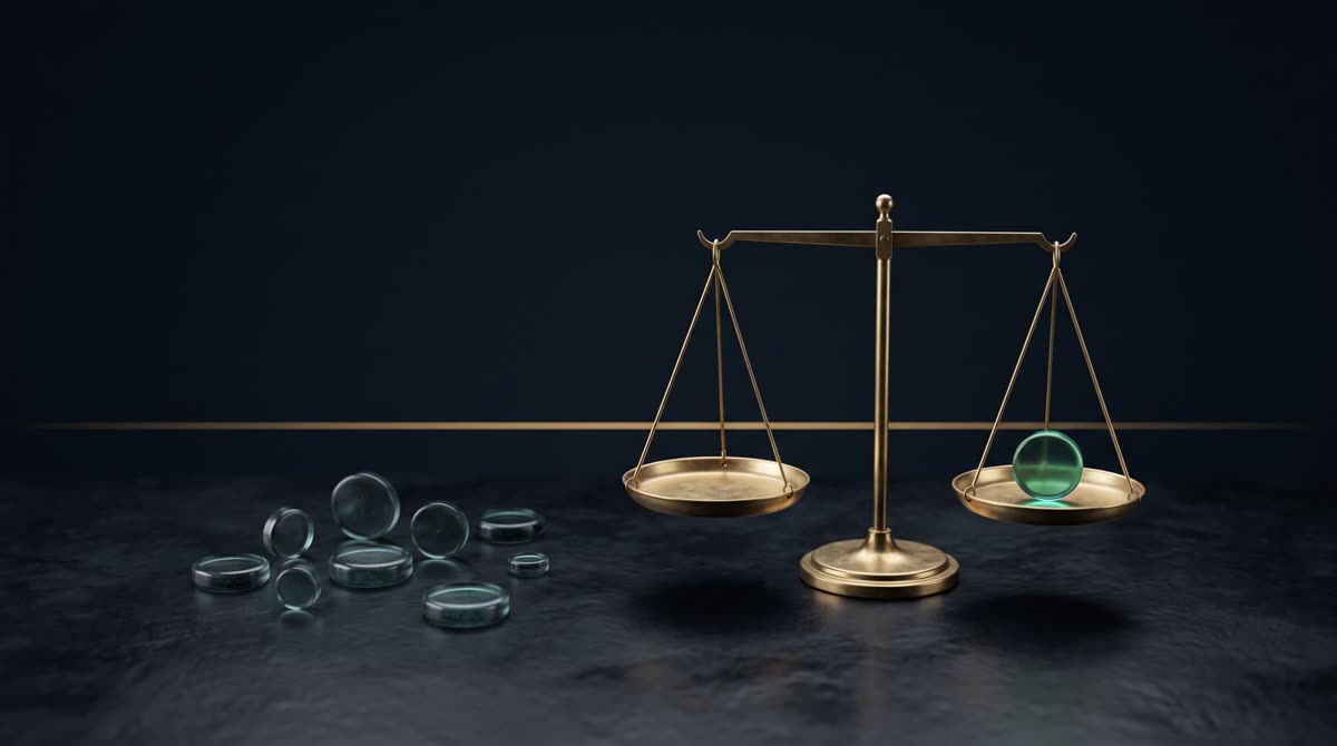 A dark ink-navy surface holding a small constellation of translucent glass tokens of different sizes, one calm emerald-lit token resting on a simple brass balance scale beside a thin gold thread of light marking a level line, generous negative space above for a headline, premium minimal 3D CGI, dignified, no text, no people, no hands