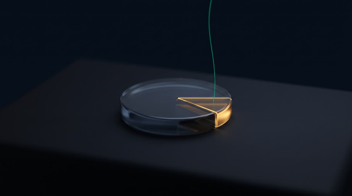 A single dark glass token on an ink-navy surface, a fine gold line dividing a small one-fortieth portion that glows warm gold while the rest stays calm and translucent, a faint emerald thread rising from the divided share, still and contemplative, premium minimal 3D CGI, no readable text, no people
