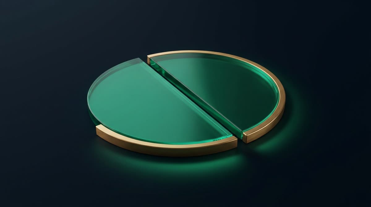 A single emerald glass disc split cleanly into two balanced halves on dark ink-navy, one half traced with a fine gold rim, soft emerald glow beneath, premium minimal 3D, calm and precise, no text, no people