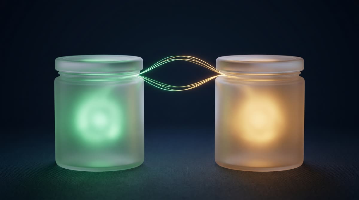 Two frosted-glass jars on a dark ink-navy canvas, one glowing emerald and one glowing warm gold, joined by a thin arcing thread of emerald and gold light suggesting decades of quiet parallel growth, premium minimal 3D CGI, no text, no people