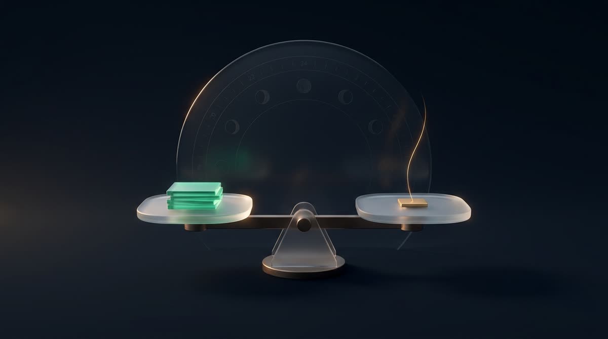 A frosted-glass balance scale on a dark ink-navy canvas, one pan holding a small stack of softly glowing emerald tiles, the other a single small gold tile with a thin thread of gold light rising from it, a faint etched calendar ring behind, premium 3D CGI, no text, no people