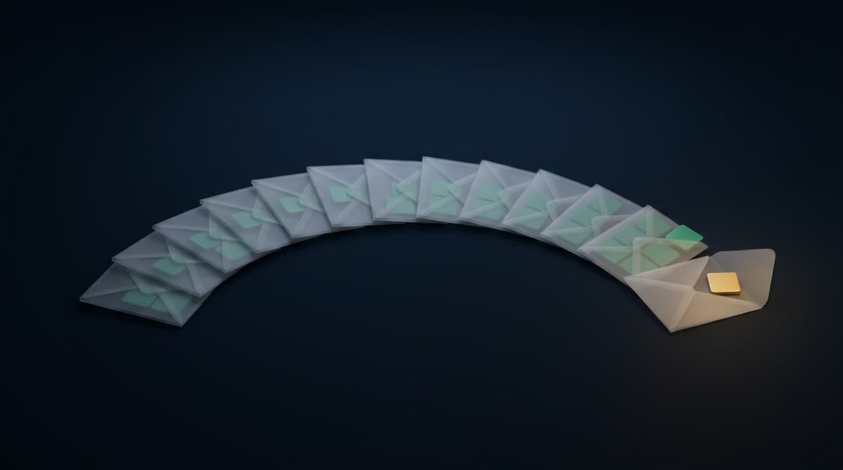 Twelve small frosted-glass envelopes arranged in a gentle arc like months of a year on a dark ink-navy surface, faint emerald tiles visible inside each, the final envelope open beside one small glowing gold tile, premium minimal 3D CGI, no text, no people