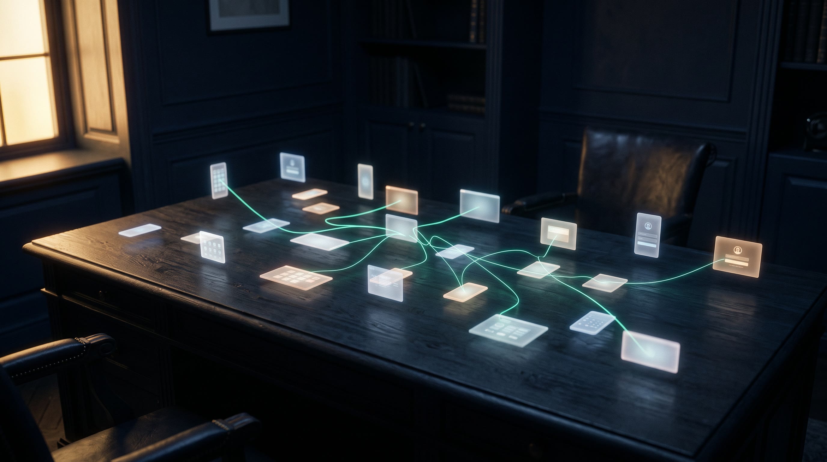A dark ink-navy desk at night scattered with faint glowing rectangles of light — the ghosts of screens, phones and logins — one thin emerald thread of light trying to connect them into a single constellation, warm gold rim light from a window, no readable text, no people