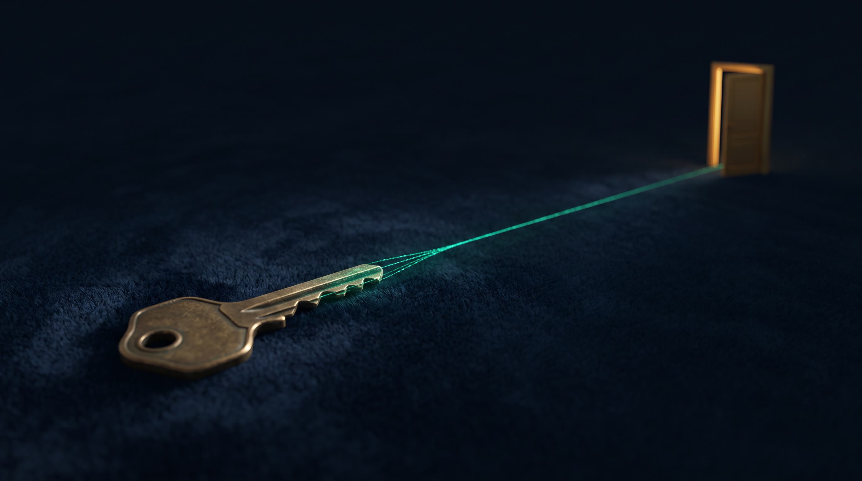 A small brass key on dark ink-navy velvet, its teeth dissolving into a thin emerald thread of light that stretches toward a distant warm gold door left slightly ajar — access passed on deliberately, no text, no people