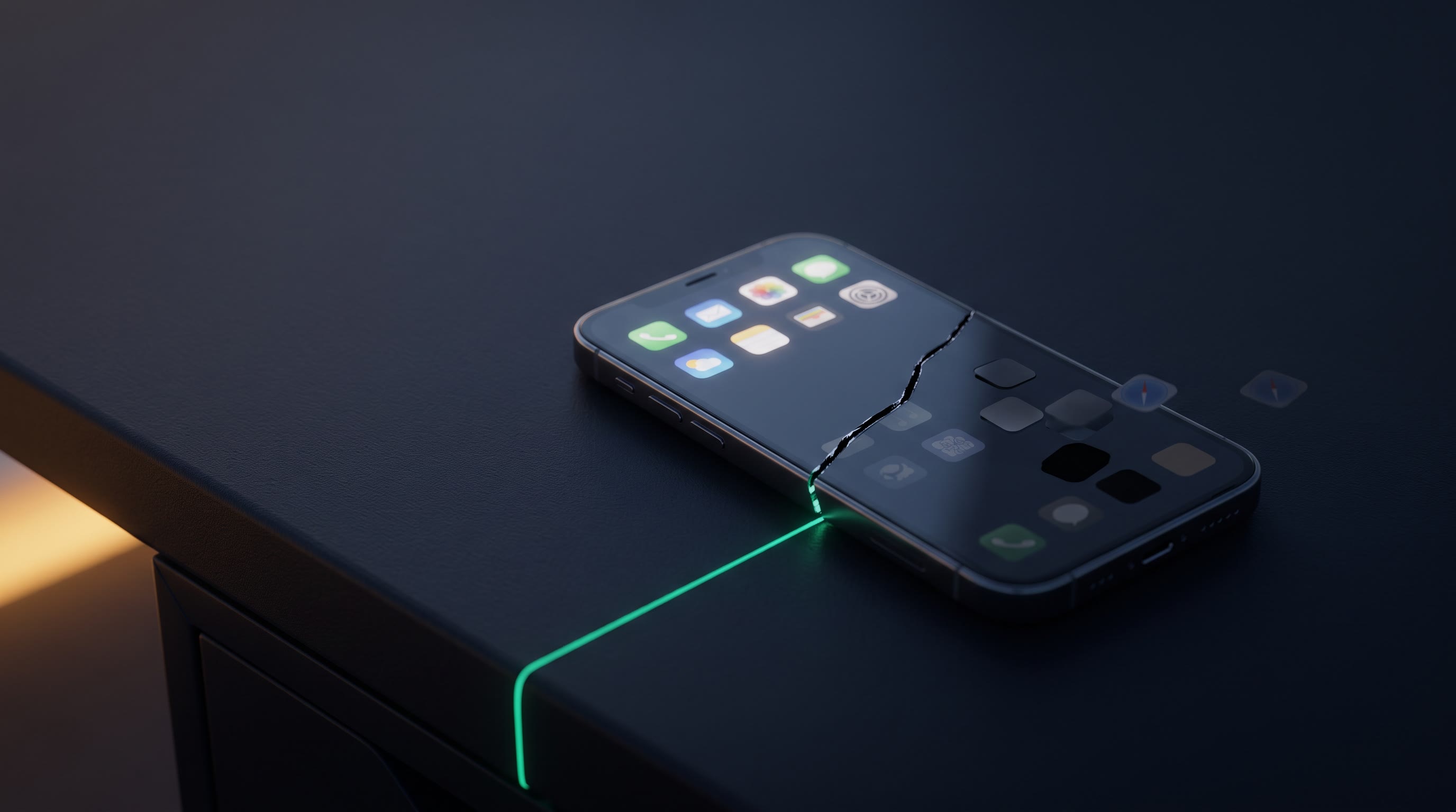 A single smartphone on a dark ink desk, its screen cracked across the center — the app tiles above glowing, the tiles below the crack gone dark and drifting away into the ink, a thin emerald thread of light reaching toward it and severed at the fracture