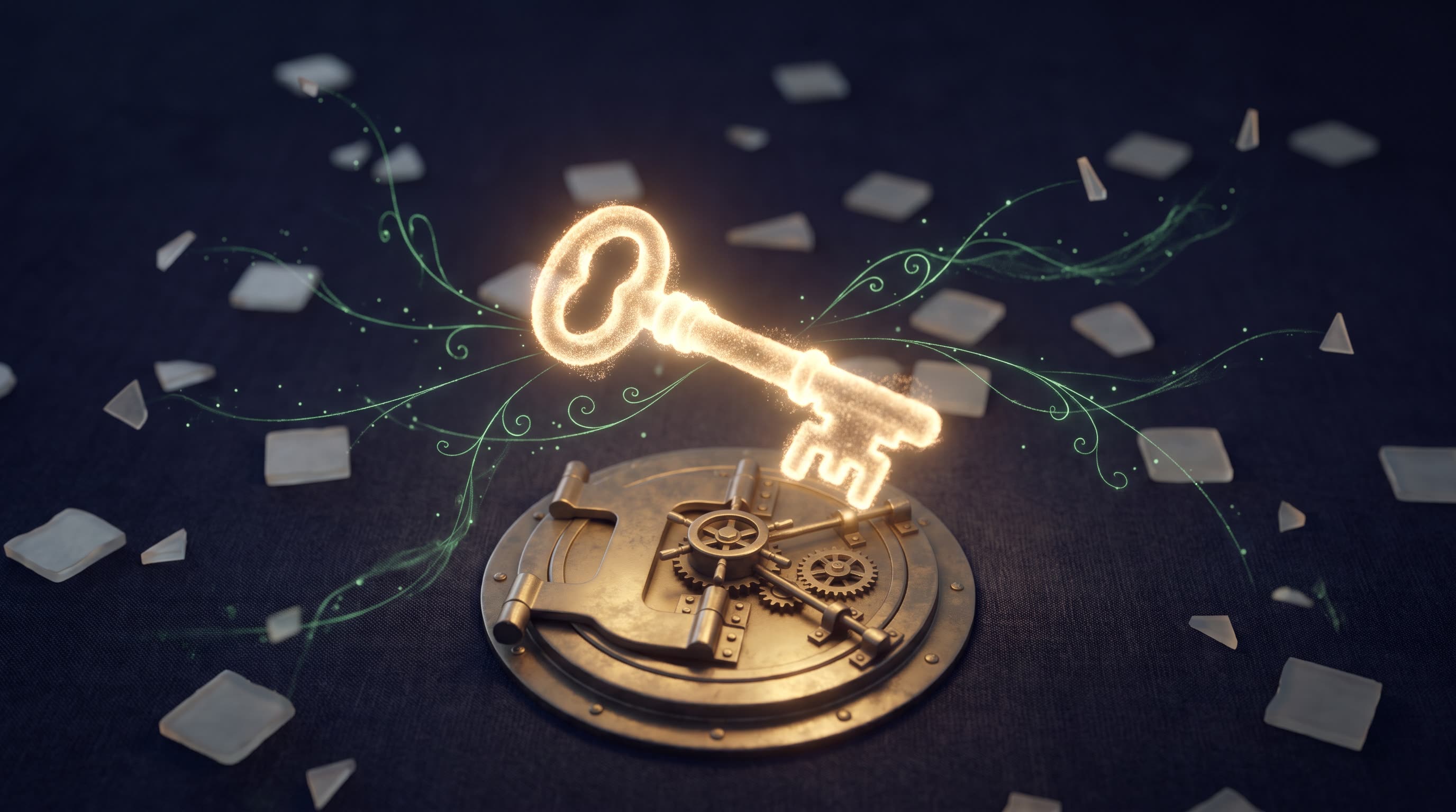 A warm gold key of light hovering above a softly lit vault door on a dark ink canvas, with faint emerald threads mapping outward to smaller unlit tiles