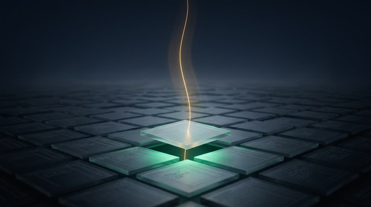 A dark ink-navy field of frosted-glass ledger tiles stretching toward a dim horizon, one foreground tile lifting gently with a thin gold thread of light drawn upward and a soft emerald glow beneath, premium 3D CGI, dignified, no text, no people