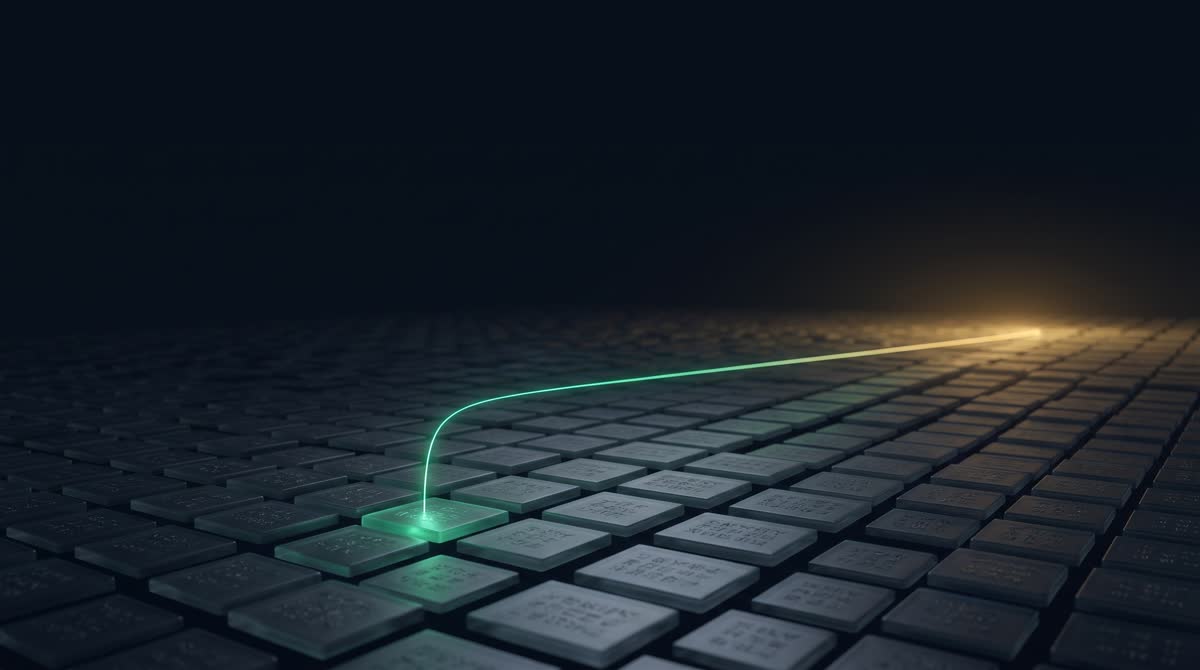 A dark ink-navy grid of dim frosted-glass ledger tiles fading into shadow, a single calm emerald thread of light rising from one foreground tile toward a warm gold horizon glow, generous negative space above, premium 3D CGI, dignified, no text, no people
