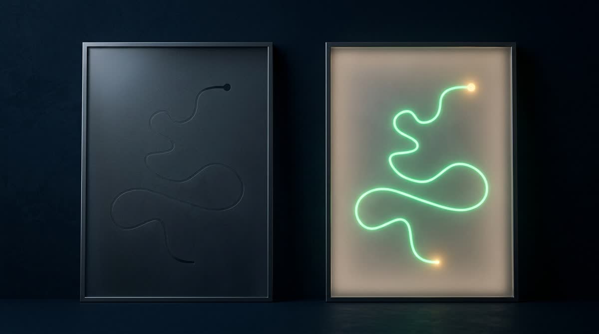 Two side-by-side frosted glass panels on a dark ink-navy surface: the left dim, its etched winding path ending in darkness; the right glowing gently, the same path drawn as a continuous emerald line reaching a small calm gold light. Premium minimal 3D CGI, no text, no people.