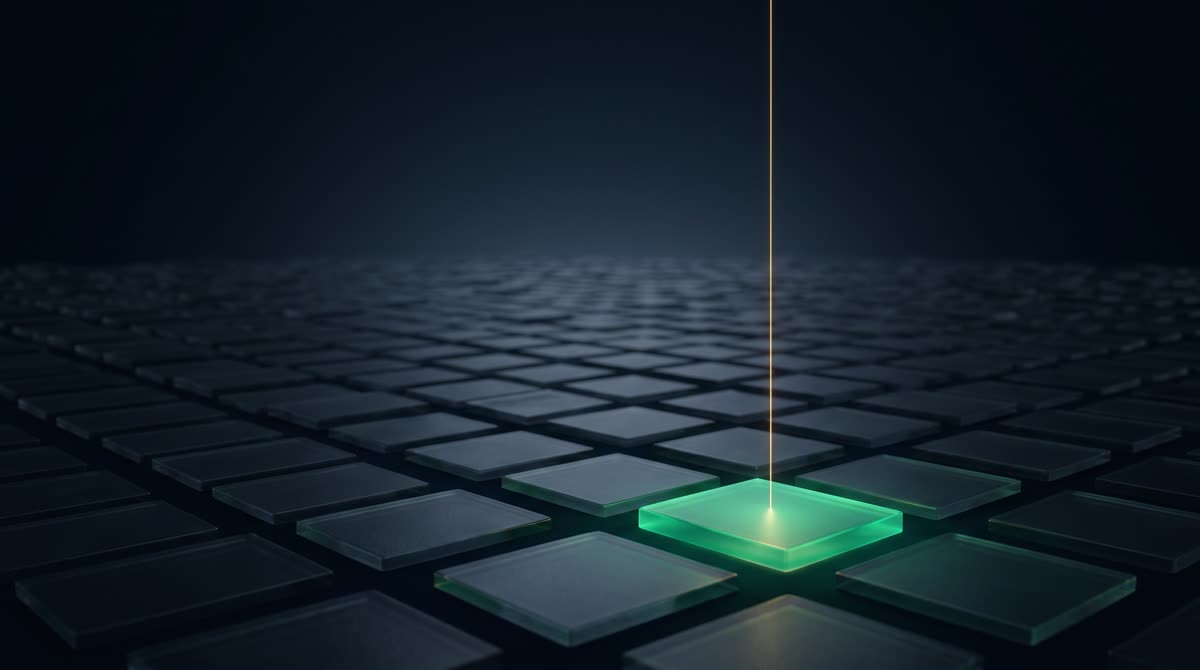 A vast dark ink-navy landscape of dim frosted-glass ledger tiles stretching to the horizon, one foreground tile glowing softly emerald with a fine gold thread of light rising from it, generous negative space, premium 3D CGI, calm and dignified, no text, no people