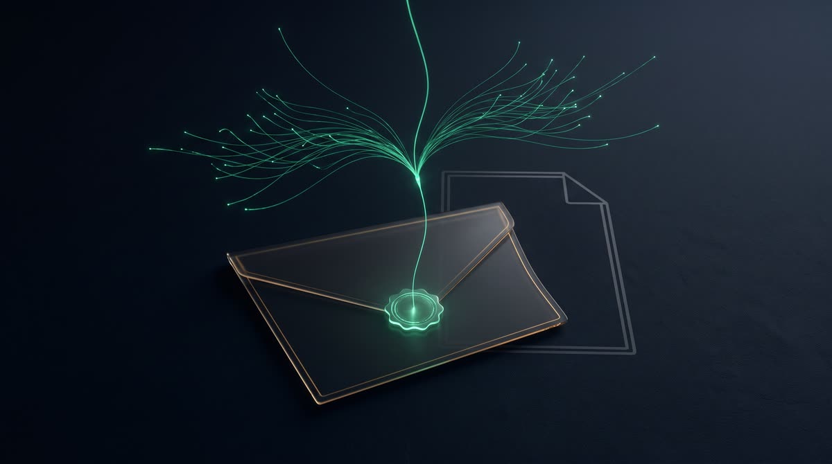 A single sealed document rendered in dark glass on an ink-navy surface, a thin emerald thread of light rising from it and branching into many small glowing threads reaching outward like endowments continuing, a faint unsealed outline of the same document beside it in grey, warm gold rim light, still and contemplative, premium minimal 3D CGI, no readable text, no people