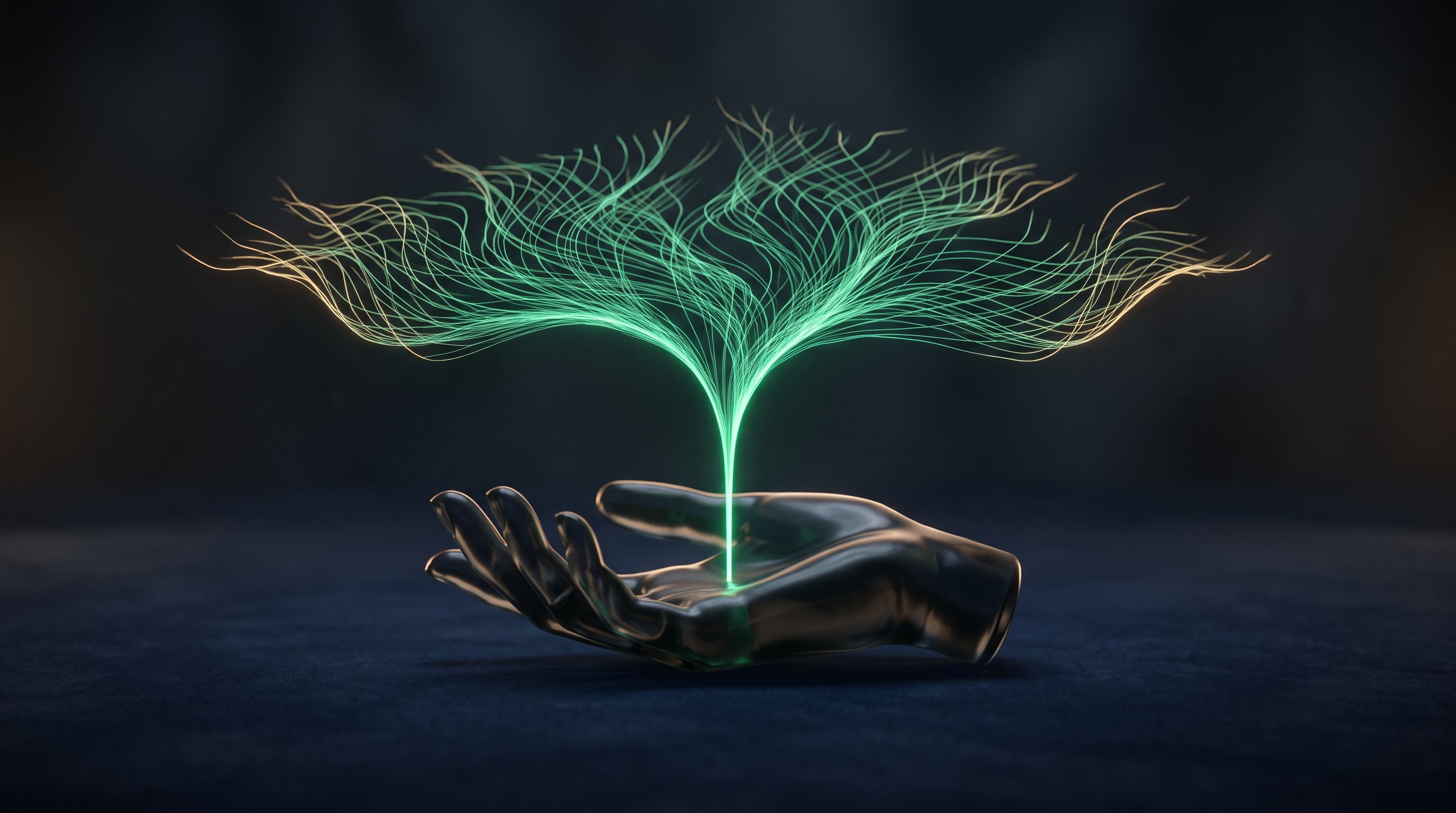 A single open hand-shaped form of dark glass on an ink-navy surface releasing a thin steady stream of emerald light upward that branches into many small threads, warm gold rim light at the edges, still and contemplative, premium minimal 3D CGI, no text, no people