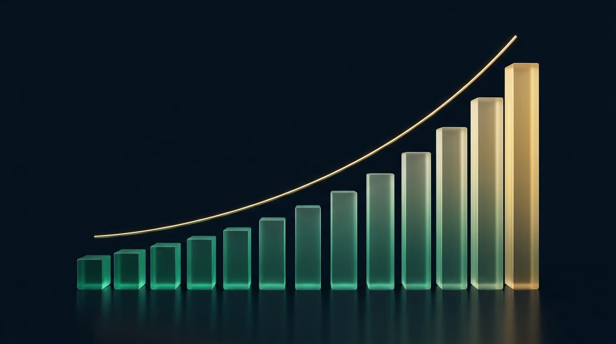 A softly glowing ascending bar of light traced in gold above an emerald horizon on a dark ink canvas — steady market growth
