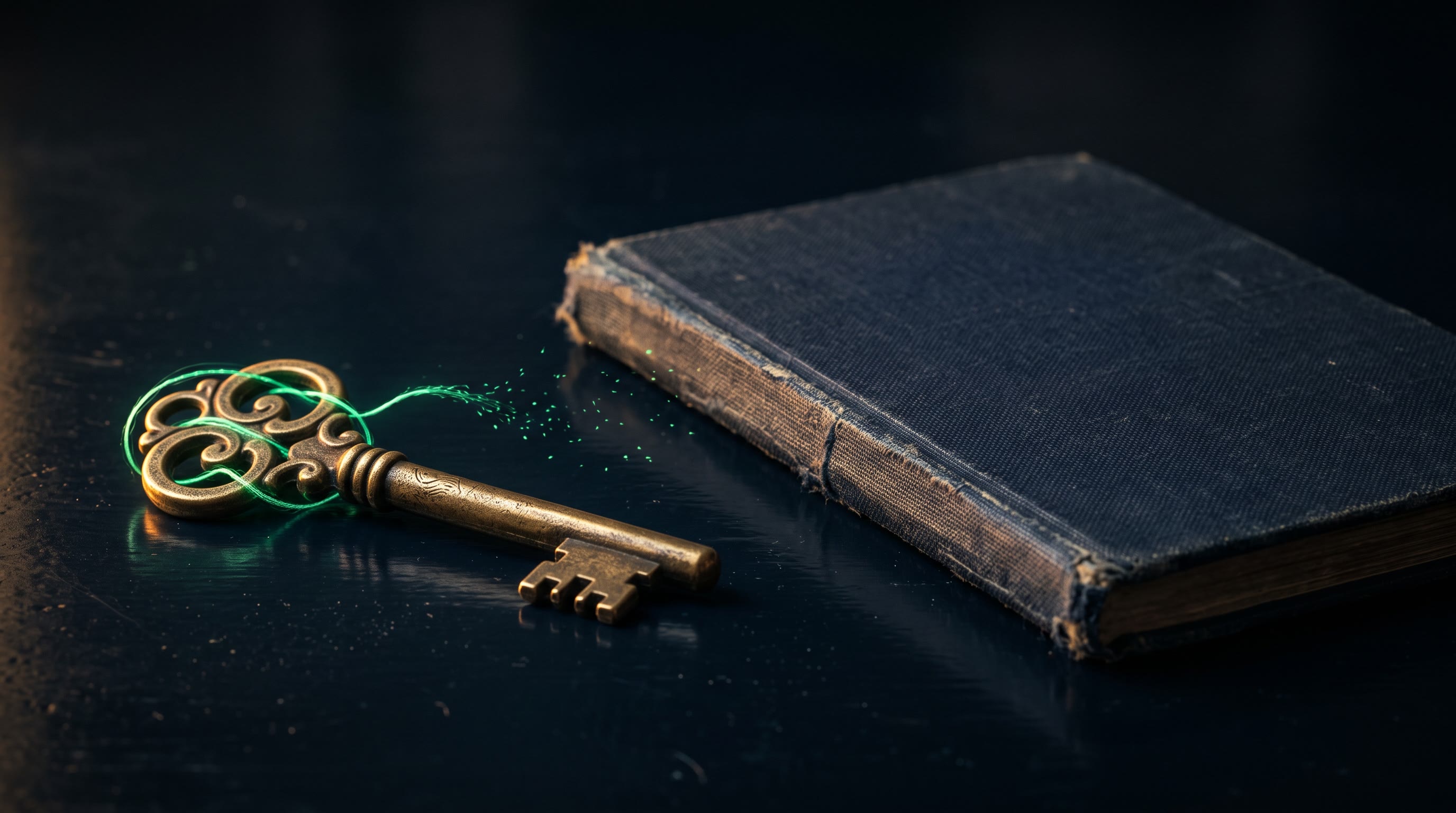 A single small ornate brass key resting on a dark ink-navy table beside an old-fashioned bank passbook, a faint emerald thread of light coiled around the key but fraying into sparks before it reaches the passbook, warm gold rim light, no text, no people