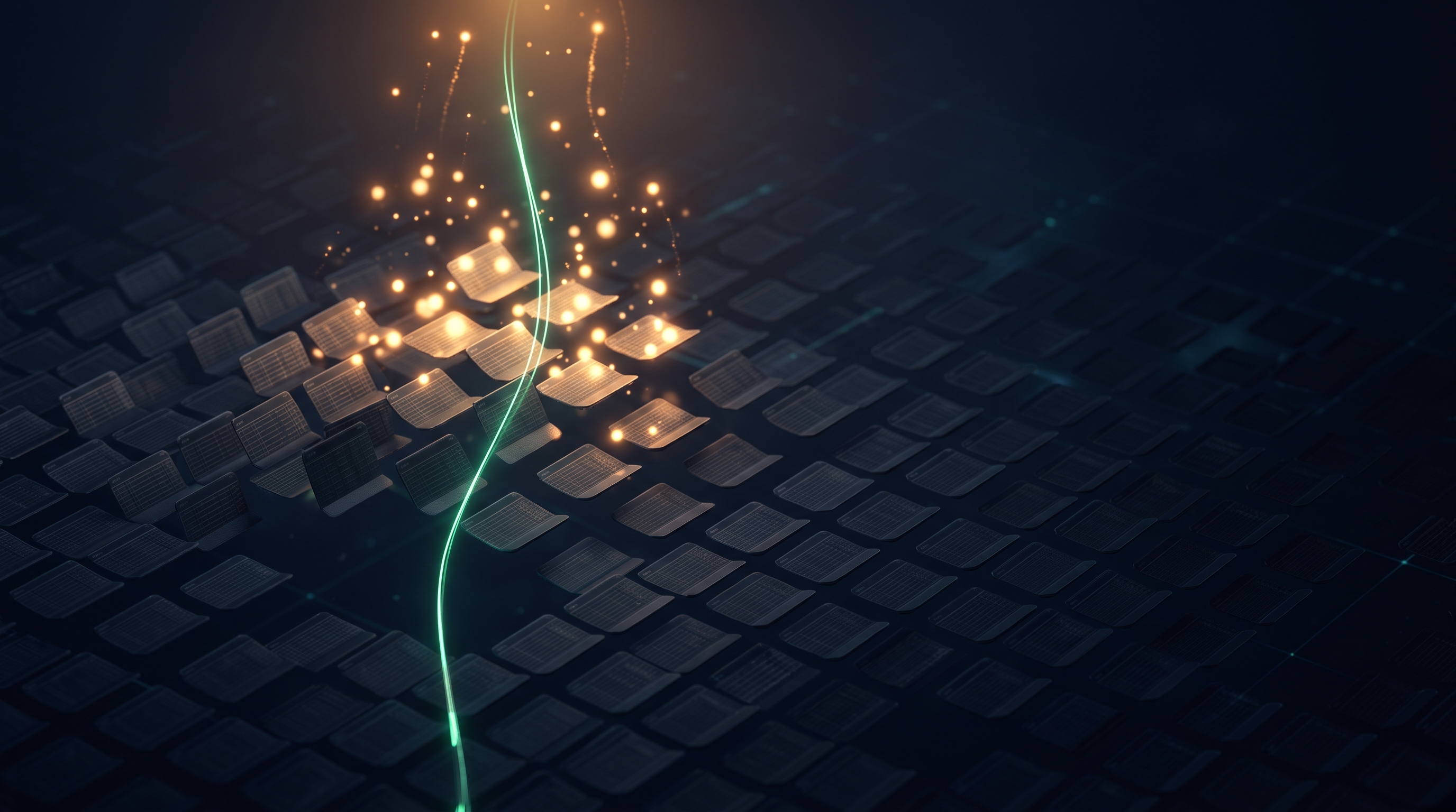 A dark ink-navy ledger of faint numbered rows, each row a tiny bank passbook, with about a third of the rows lifted by a thin emerald thread into warm gold lights rising upward, the rest dissolving into shadow
