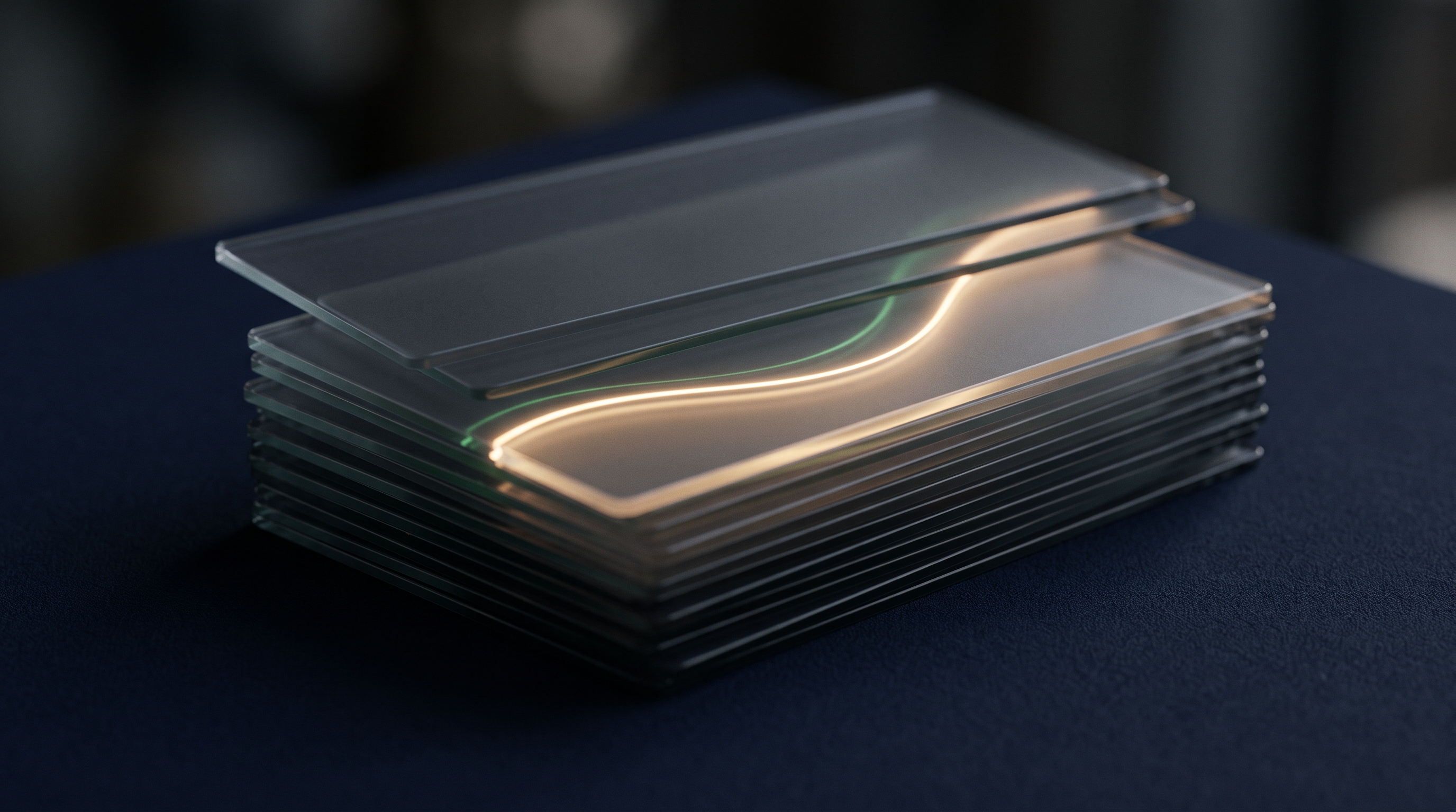 A stack of frosted-glass note pages on a dark ink surface, most still dim and blank, one page glowing softly where a gold line has begun to fill it in