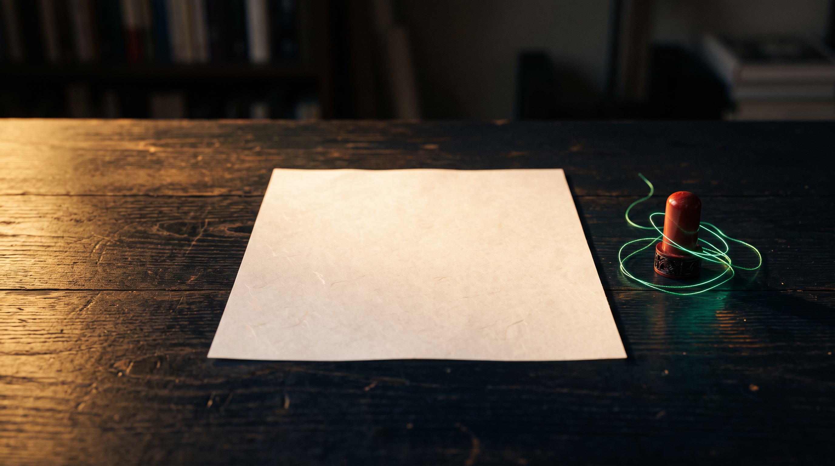 A single sheet of paper on a dark ink-navy desk with a small red ink hanko seal resting beside it, the sheet untouched, a thin emerald thread of light coiling around the seal, warm gold evening light raking low across the desk, quiet and unresolved, no readable text, no people