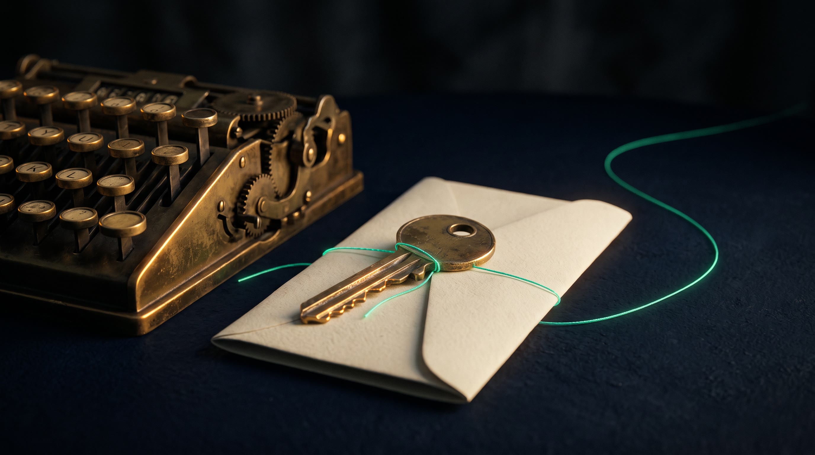 A single house key and a folded paper document tied together with a thin emerald thread of light lying on a dark ink-navy surface beside an old brass calculator, the thread running onward off the edge of the frame toward the dark, warm gold rim light, still and dignified, premium 3D CGI, no text, no people
