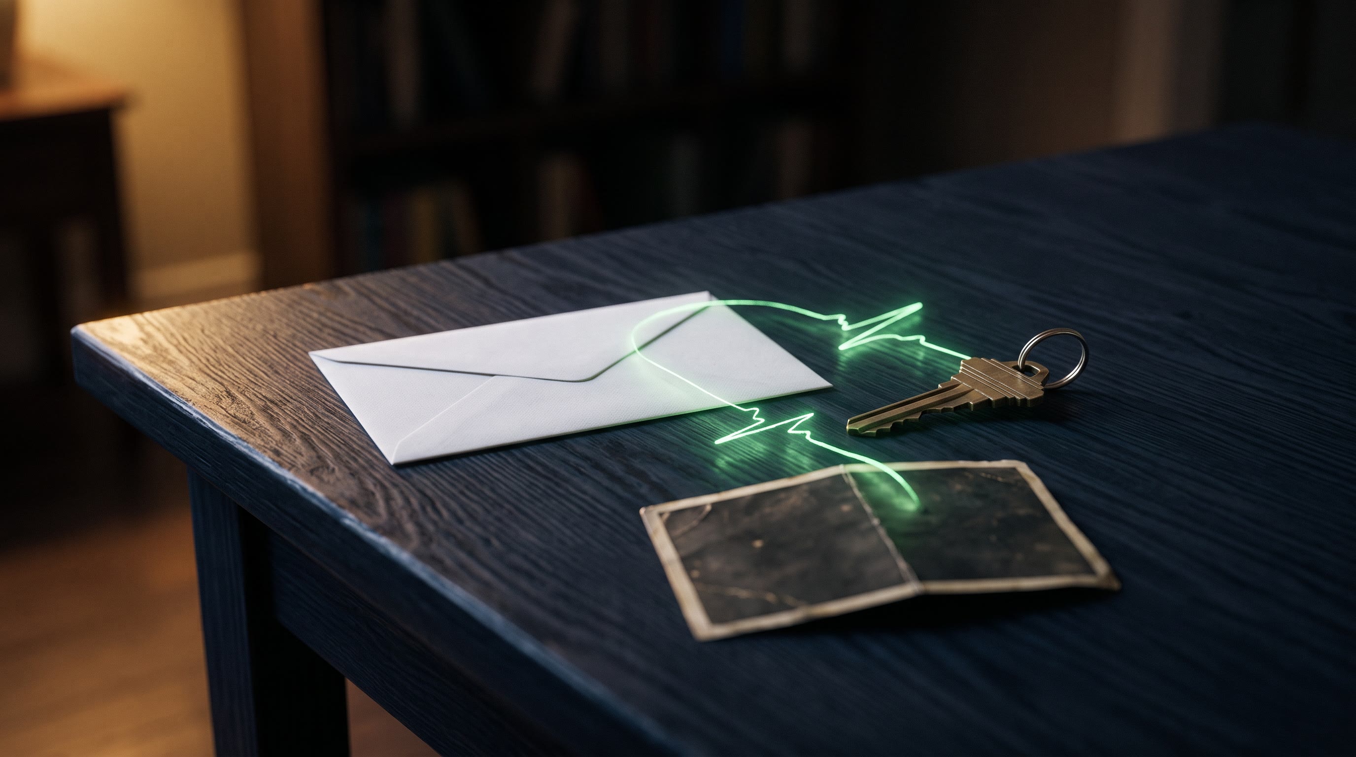 A small shrine-like arrangement on a dark ink-navy table: one white envelope, a house key, and a folded photograph face-down, a thin emerald thread of light pulsing gently like a heartbeat line across the table and connecting the three objects, warm gold rim light, dignified and still, no text, no people