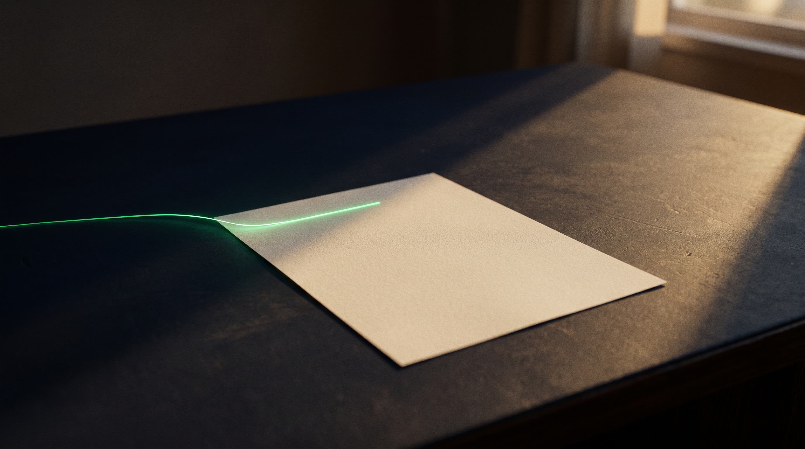 A single sheet of paper on a vast dark ink-navy desk, mostly blank, a thin emerald thread of light beginning to trace its first line while a long warm gold evening light rakes across the emptiness around it — the unwritten document, no text, no people