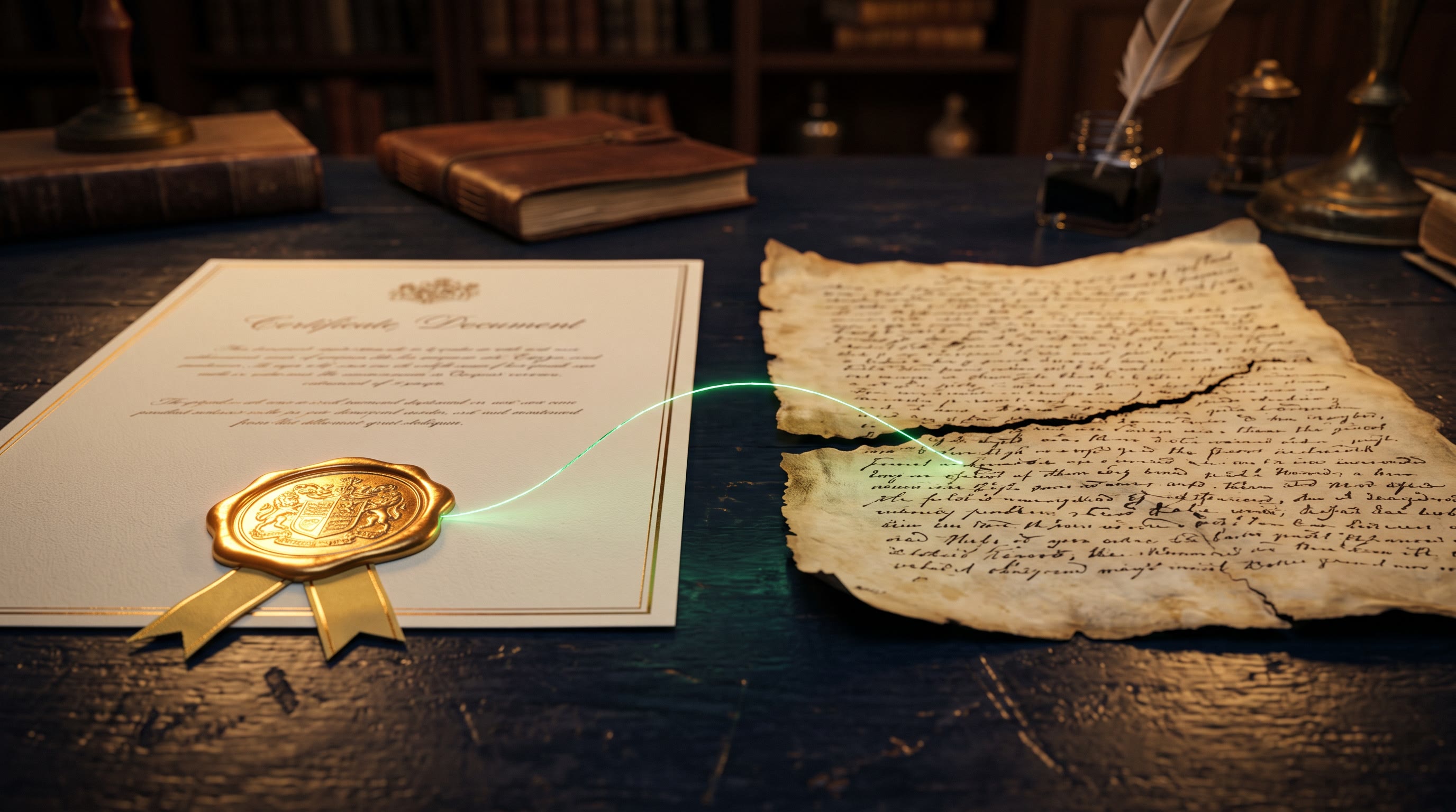 Two documents side by side on dark ink-navy — one crisp sheet sealed with a warm gold embossed seal, one handwritten page curling at the edges with a faint crack running through it — a thin emerald thread connecting them, no readable text, no people