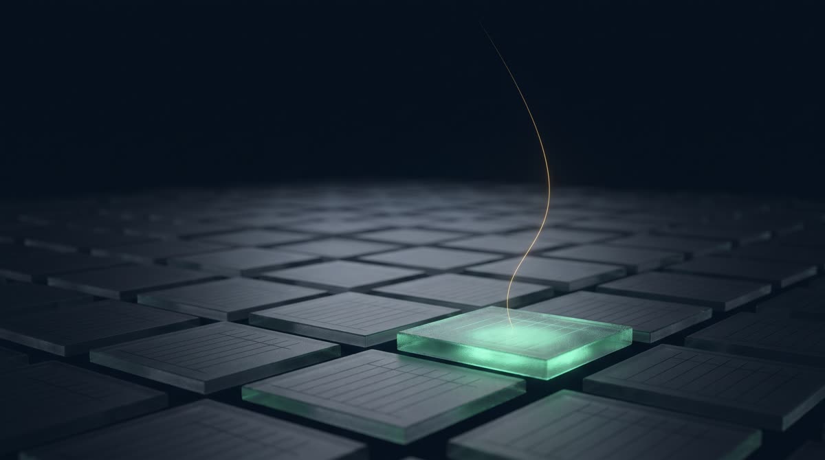 A dark ink-navy field of dim frosted-glass ledger tiles stretching toward a horizon, one foreground tile glowing softly emerald with a fine gold thread rising from it into calm light, generous negative space, premium 3D CGI, dignified, no text, no people