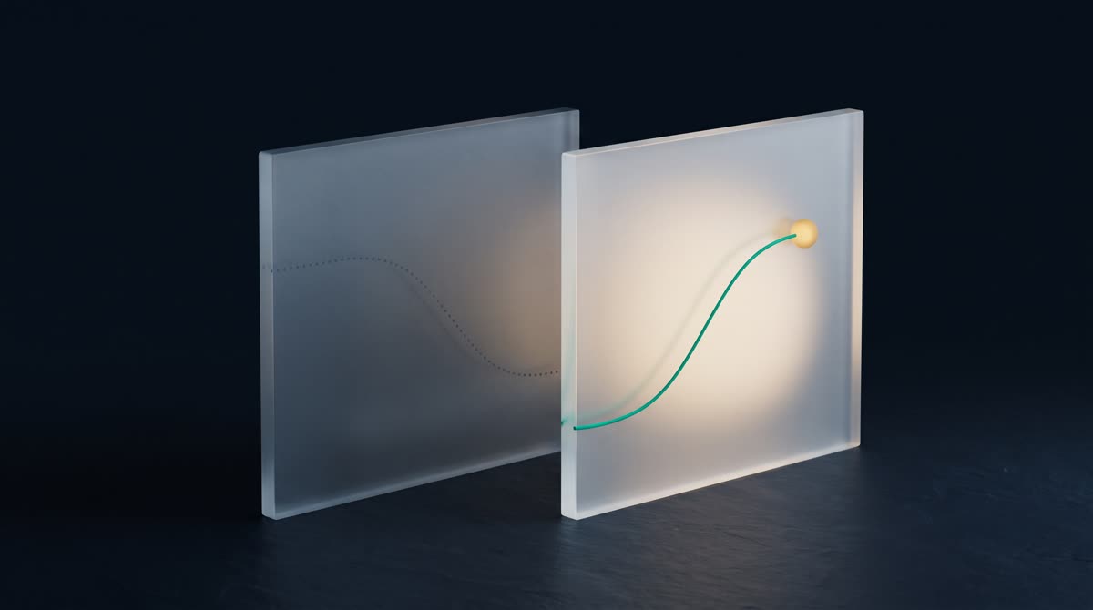 Two frosted-glass panels side by side on a dark ink-navy surface: the left panel dim with a faint dotted path ending in shadow, the right glowing gently as the same path continues as a solid emerald line reaching a small warm gold light. Premium minimal 3D CGI, no text, no people.
