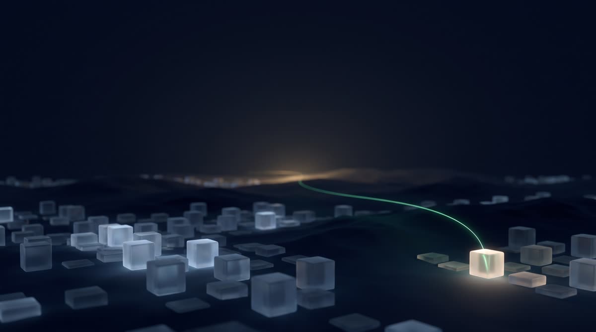 A dark ink-navy landscape of many small dim unlit glass plots fading into shadow, a single calm emerald thread of light rising from one bright plot at the lower edge toward a warm gold horizon, generous negative space above for a headline, premium 3D CGI, dignified, no text, no people