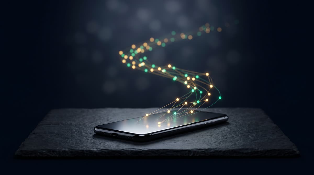 A premium 3D CGI scene on a dark ink-navy canvas: a softly glowing smartphone resting on a stone surface, its screen projecting a warm gold and emerald constellation of connected points of light that rise and flow toward the distance, symbolizing small digital contributions joining a lasting endowment, no text