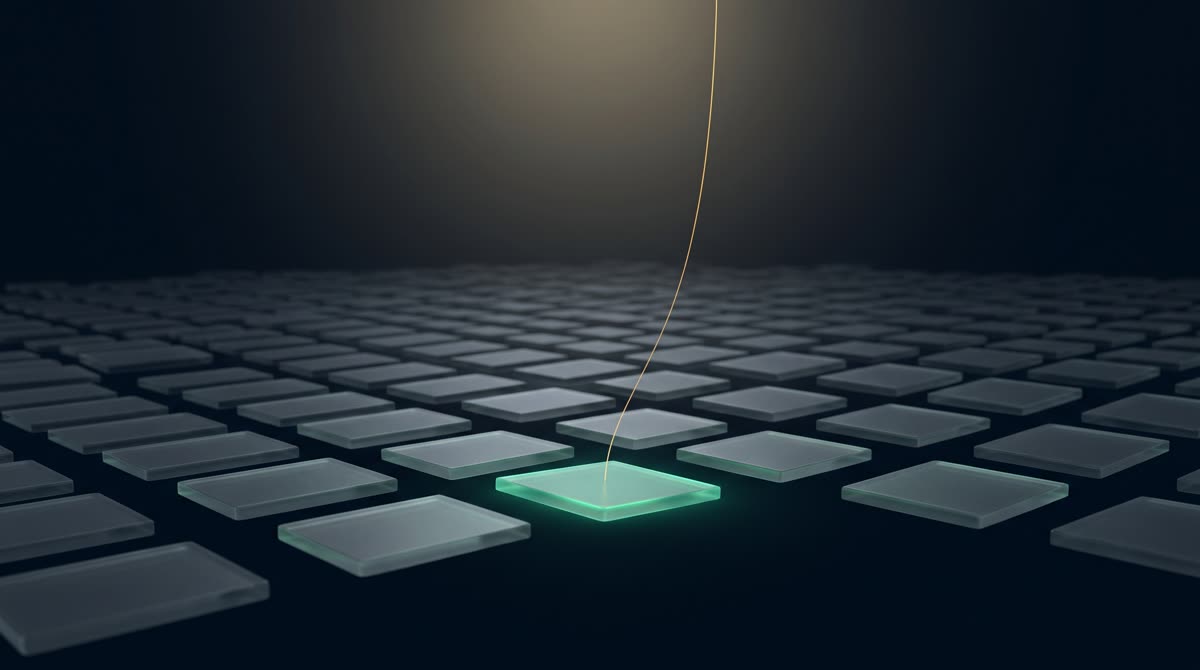 A dark ink-navy field of dim frosted-glass ledger tiles stretching toward a horizon, one foreground tile glowing softly emerald with a fine gold thread rising from it into calm light, generous negative space, premium 3D CGI, dignified, no text, no people