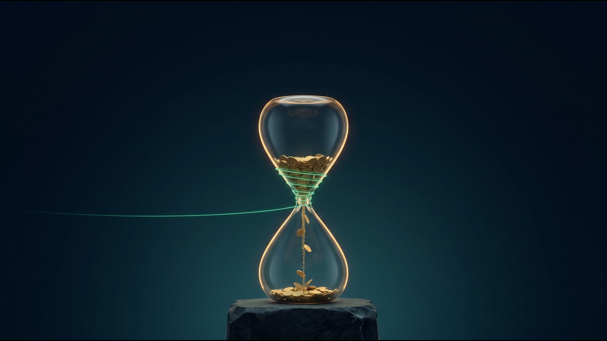 A tall translucent glass hourglass on a dark ink-navy surface, a thin stream of small gold coins falling through the narrow middle and a few caught mid-fall, only a thin layer of coins resting at the bottom, a thin emerald thread of light tracing around the hourglass midsection like a seal, warm gold rim light along the falling coins and glass edges, generous dark negative space above, no text, no people, no hands