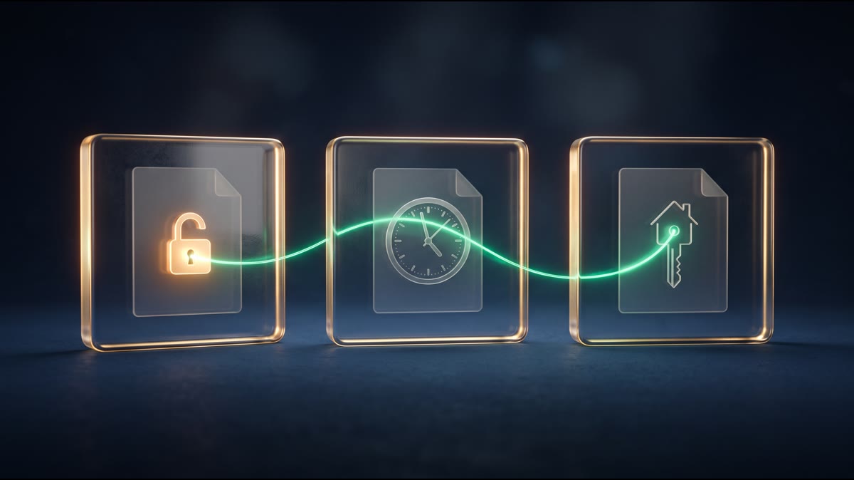 Three translucent glass tiles in a horizontal row on a dark ink-navy surface, the left showing a small open padlock glowing warm gold, the middle a clock face with its hands frozen, the right a slender house-and-key shape, a thin emerald thread of light connecting left to right through the frozen clock, warm gold rim light along the tile edges, no text, no people, no hands