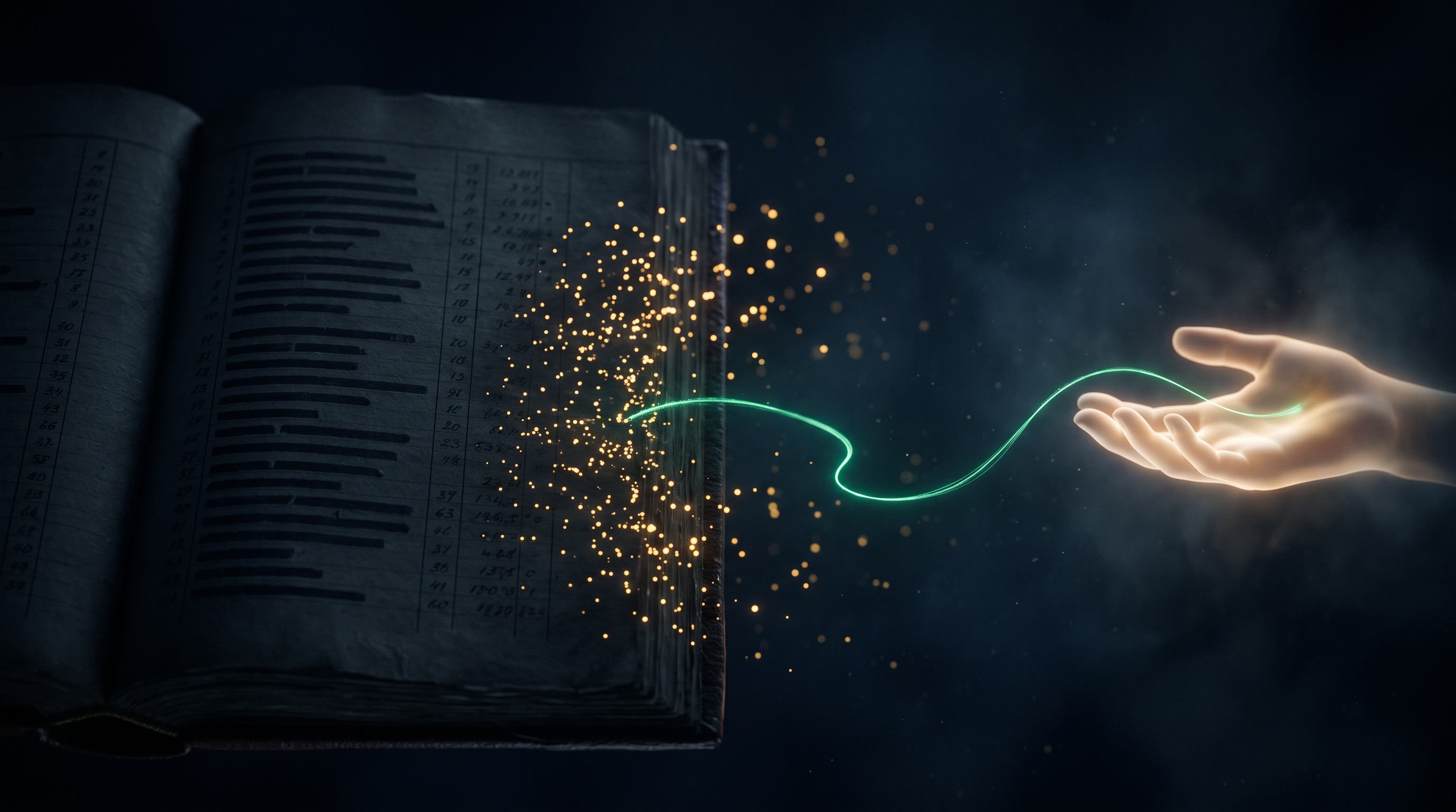 A vast dark government ledger of faint numbered rows dissolving at one edge into a constellation of warm gold lights, a thin emerald thread tracing a route out of the ledger toward an open hand rendered as soft light, dark ink-navy palette