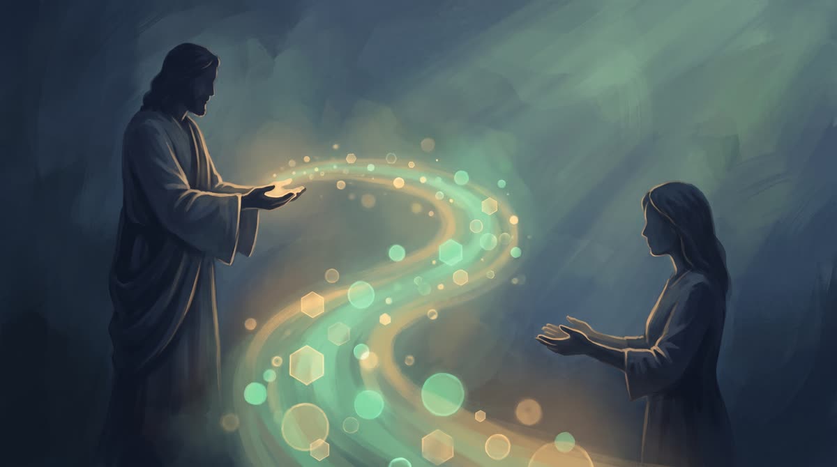 A hand-painted dark ink-navy scene of a luminous emerald and gold river of light carrying glowing geometric fragments from one figure's open hands to another's, symbolizing digital assets passed to a beneficiary, no text