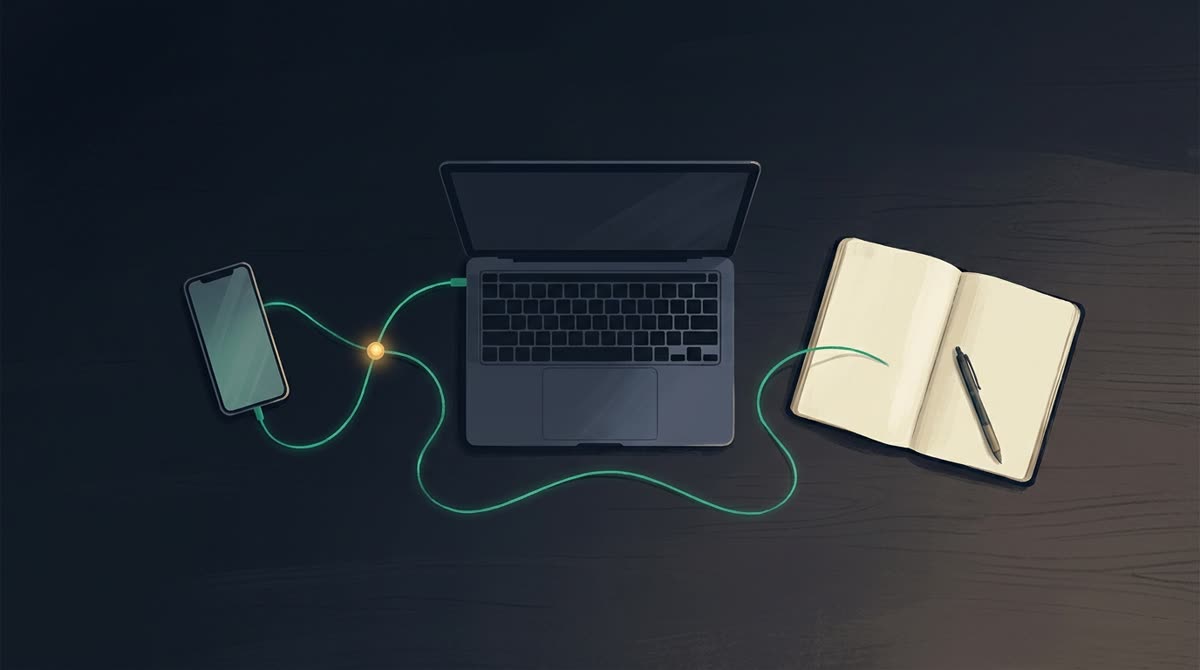 A dark desk with a phone, laptop and notebook linked by a thin emerald thread, one warm gold node marking the place a family begins