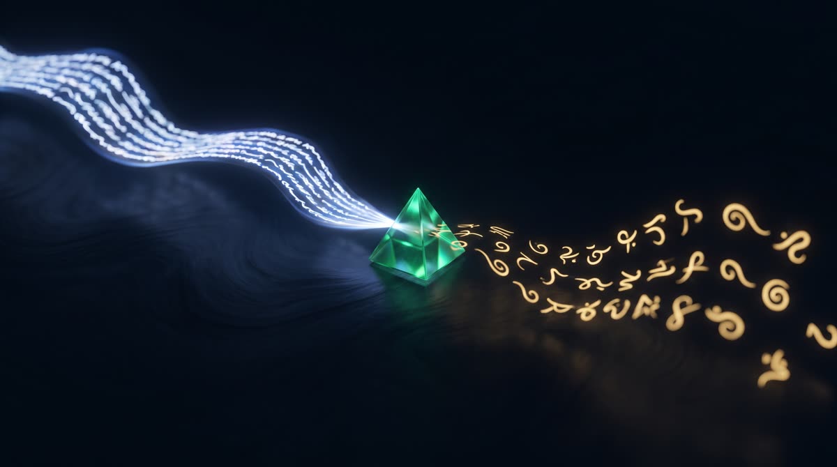 A stream of readable words passing through a small emerald prism on a dark ink canvas and emerging as an indecipherable cascade of soft golden cipher characters — the moment of encryption made visible