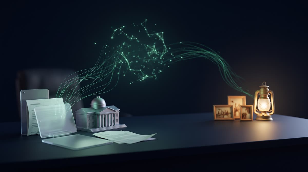 A dark ink-navy desk where frosted-glass documents beside a small columned institutional building send delicate emerald threads of light arcing toward a warm cluster of glowing family picture frames and a gold lantern, premium 3D CGI, dignified, no text, no people