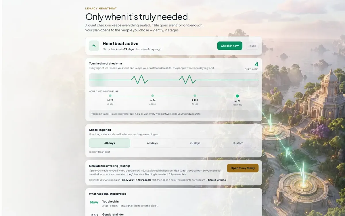 WiseEnding Legacy Heartbeat screen — the periodic check-in that releases your plan only when needed