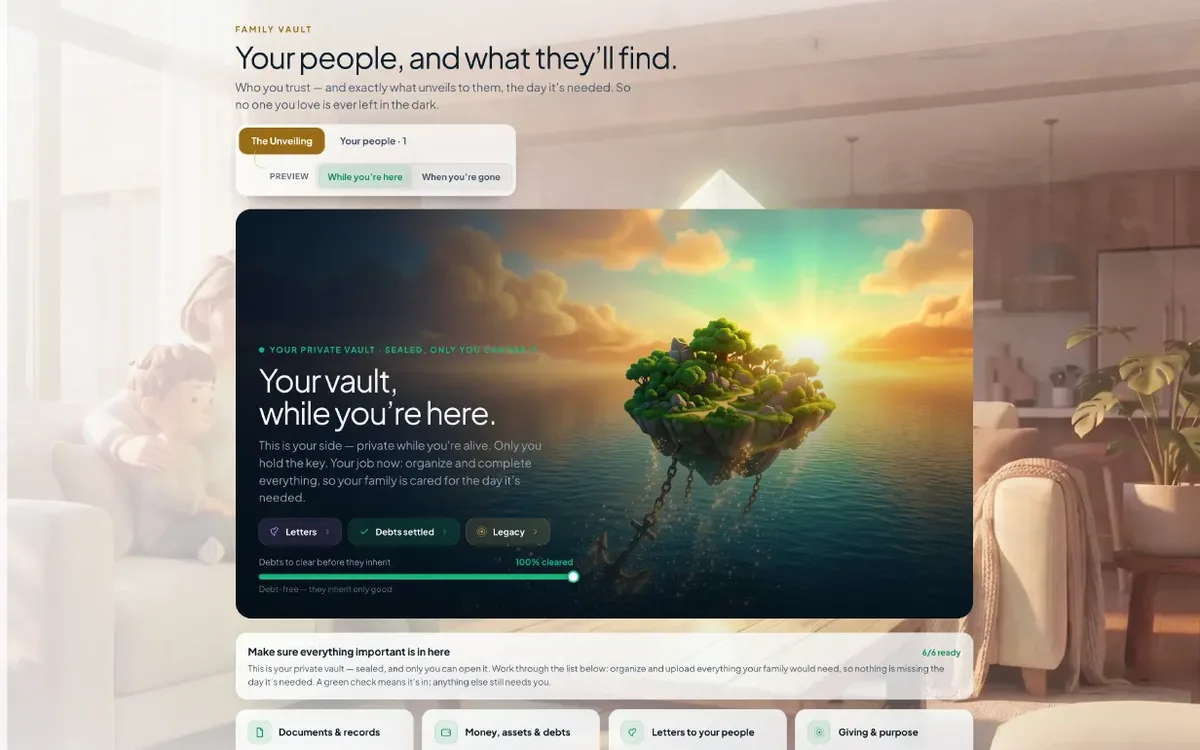 WiseEnding Family Vault screen — what your family can see and exactly when access opens