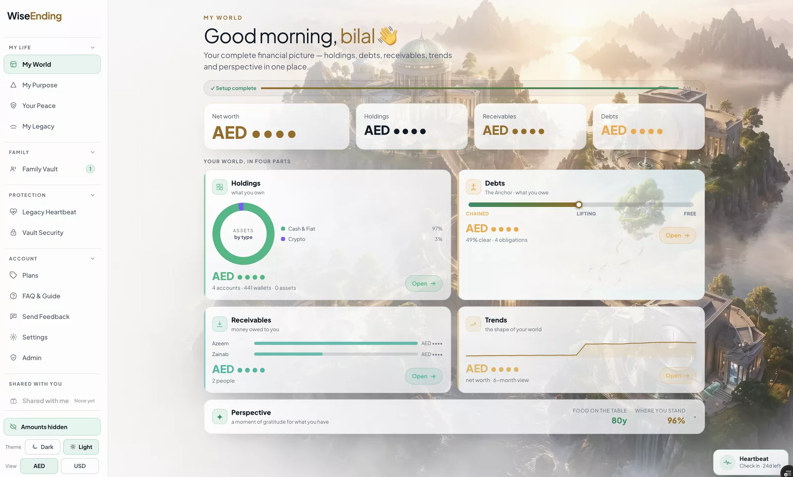 The My World dashboard in WiseEnding showing net worth, holdings, debts and trends