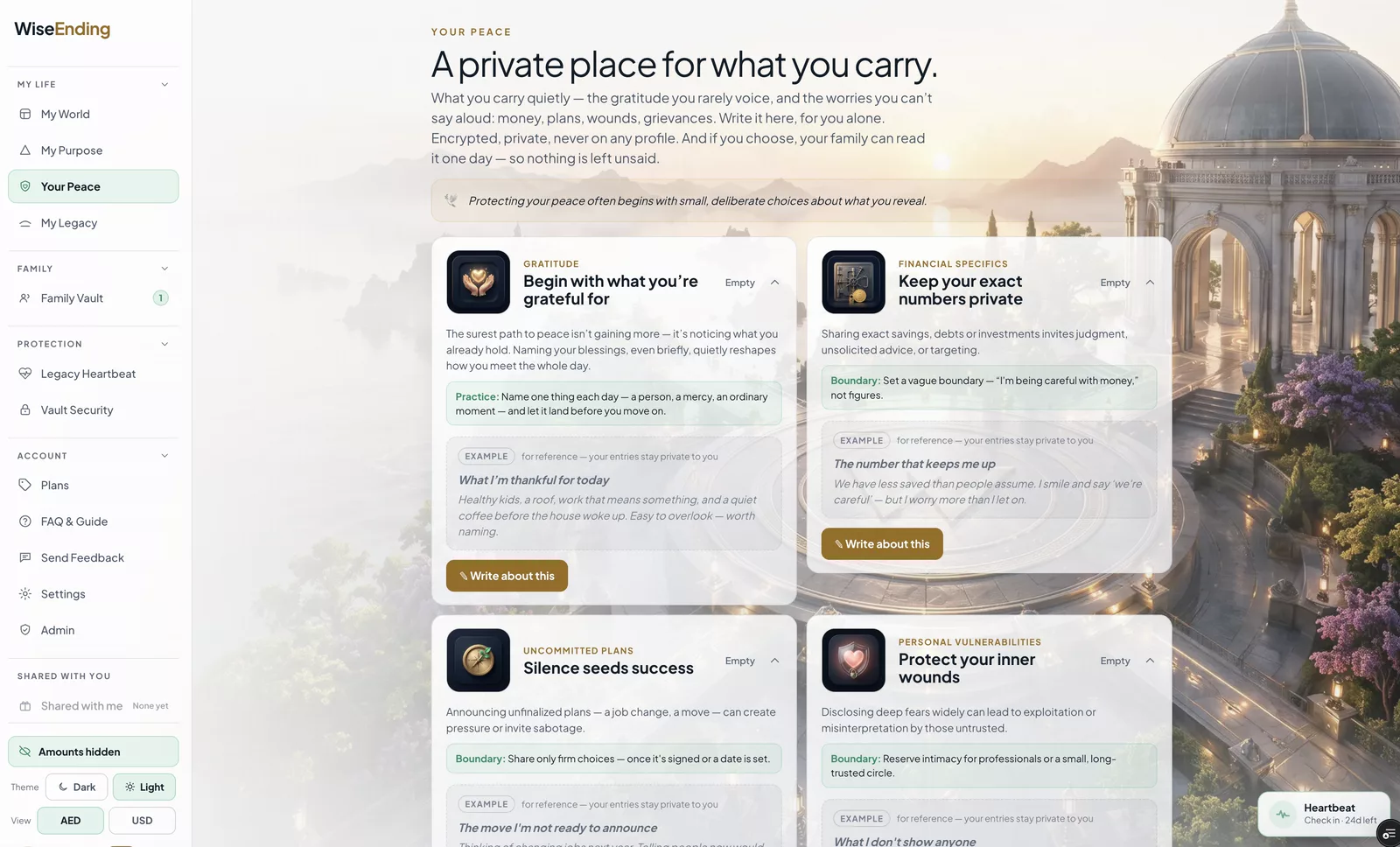 Your Peace in WiseEnding, a private journaling space for gratitude and worries